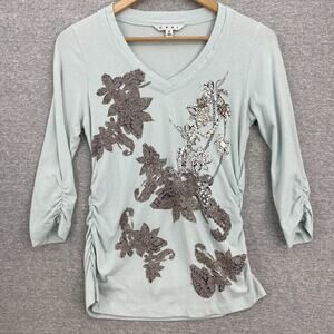 CAbi Top Womens Medium Light Blue Embellished Ruched Sides 3/4 Sleeves VNeck